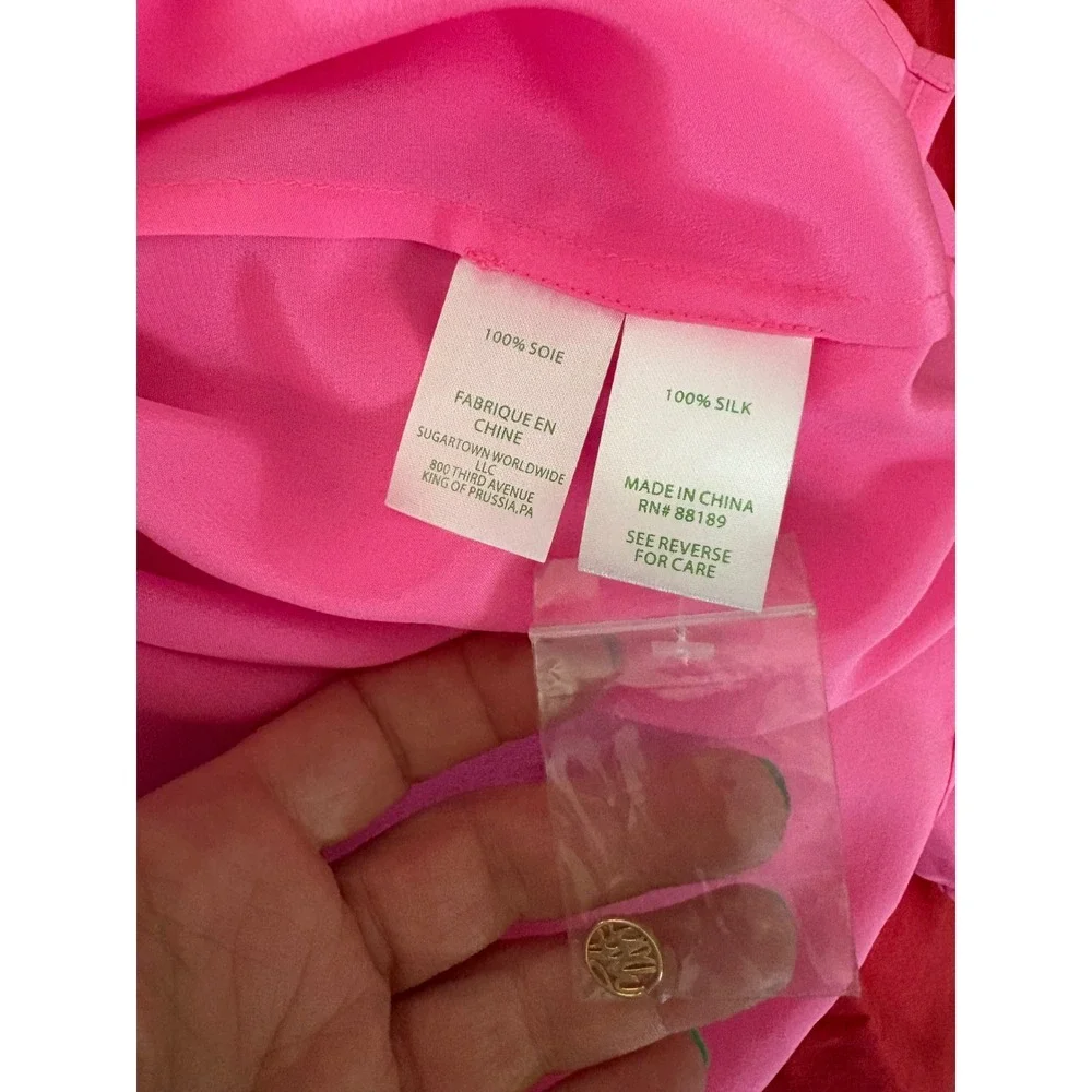 Lilly Pulitzer Elsa Top Neon Pink Silk Smocked V-Neck Blouse Tunic Womens Large - Picture 6 of 7